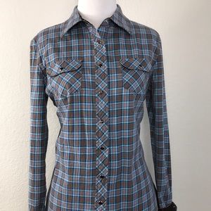 Plaid Button Up with Brown Satin Sleeves